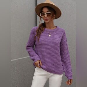 Drop Shoulder Round Neck Ribbed Cuff Sweater